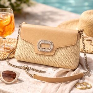 Chic Beige Woven Clutch with Chain Strap